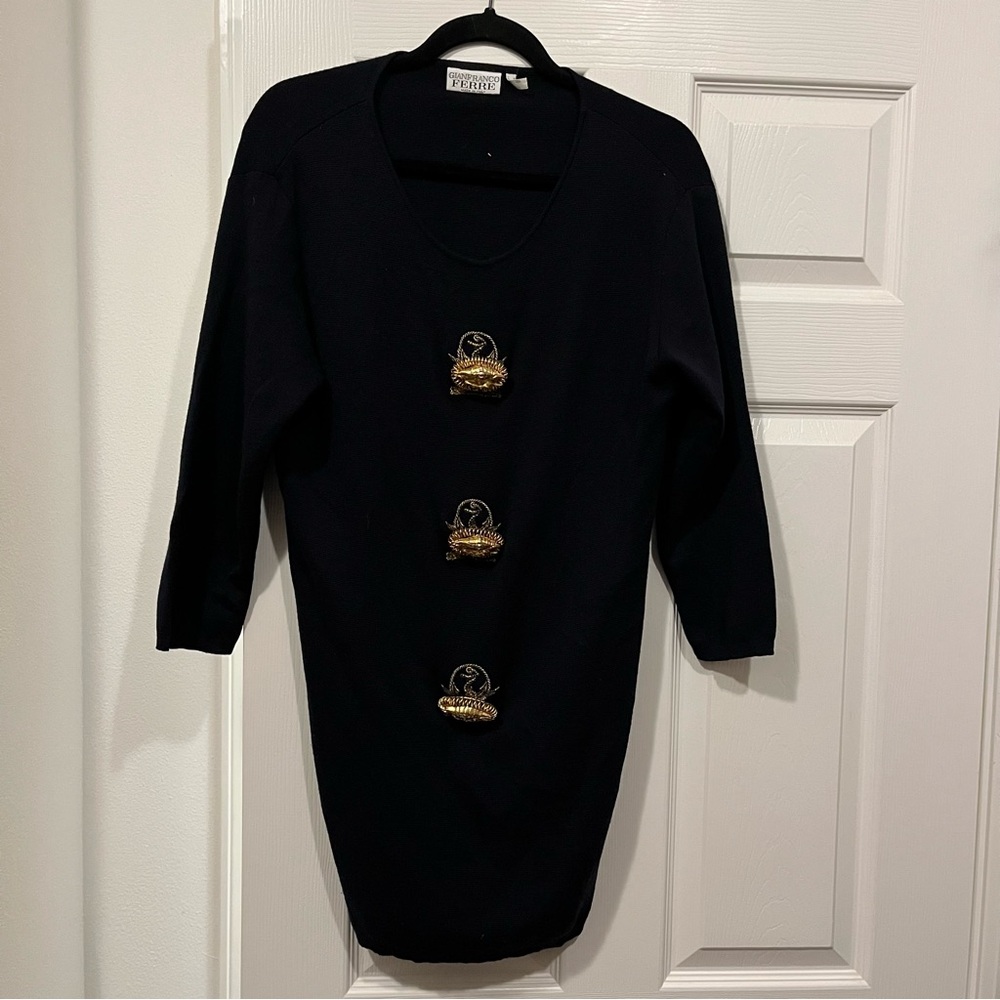 Gianfranco Ferre Black Sweater Dress with Gold Embellishments sz 10